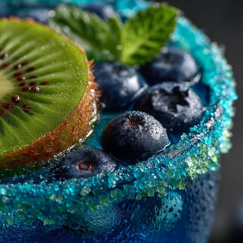 A blue cocktail with a slice of kiwi and blueberries.
