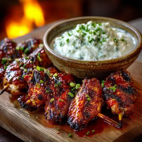 A plate of chicken wings with blue dip.