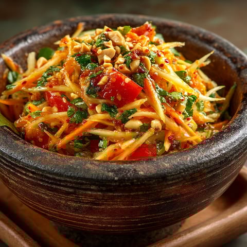 A bowl of salad with green vegetables.