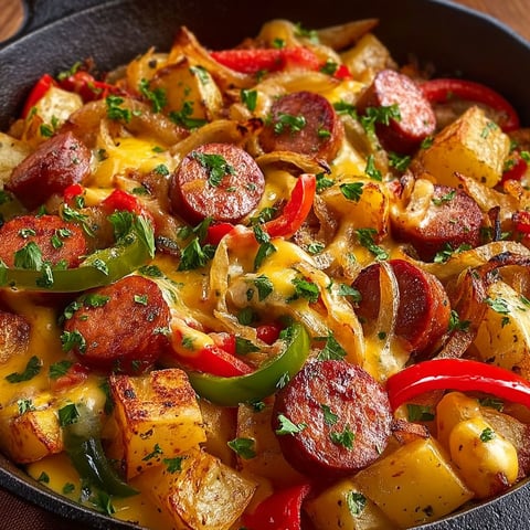 A dish of sausage and potatoes in a pan.