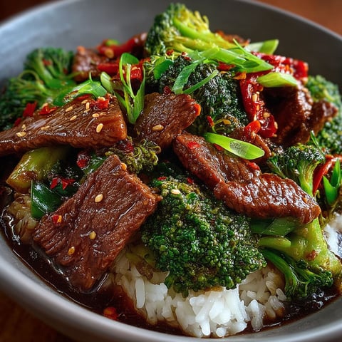A bowl of beef and broccoli with a hoisin sauce.