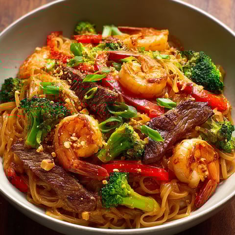 A bowl of noodles with shrimp, broccoli, and red peppers.