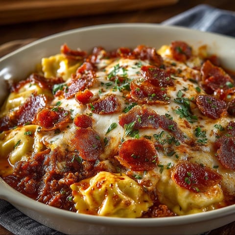 A bowl of food with the words "Gratin de Raviolis à la Pizza" written on it.
