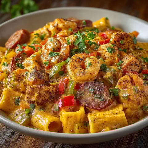 A bowl of jambalaya with shrimp, peppers, and onions.