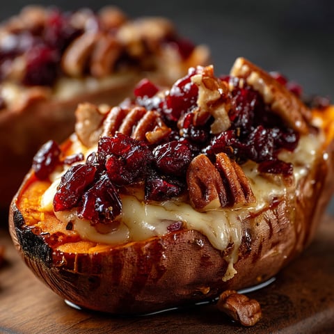 A close up of a baked sweet potato with cheese and nuts.