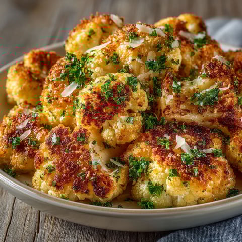 A plate of roasted cauliflower with Parmesan cheese.