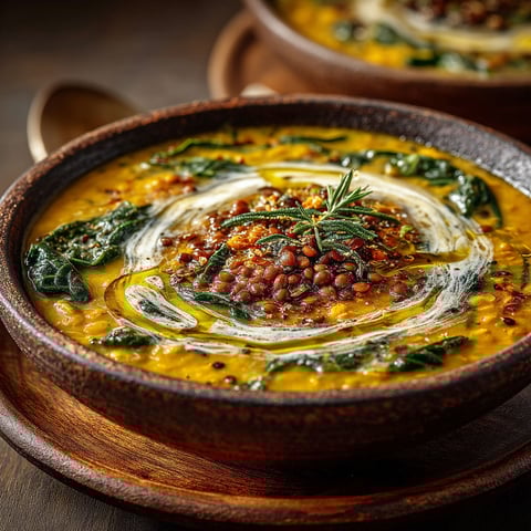A bowl of soup with a spoon in it.