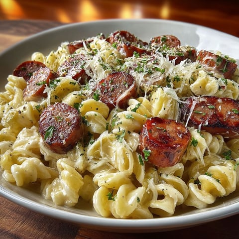 A plate of pasta with sausage and cheese.