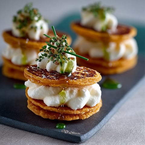A stack of three pastries with white cream and green herbs on top.