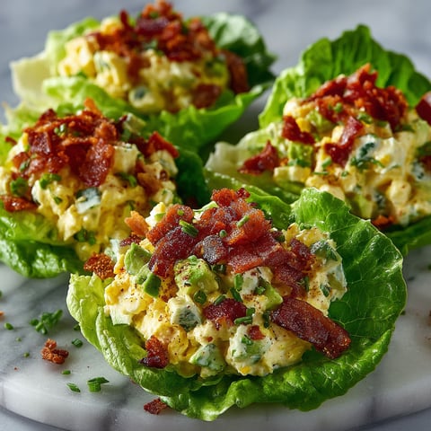 Bacon and egg salad in lettuce leaves.