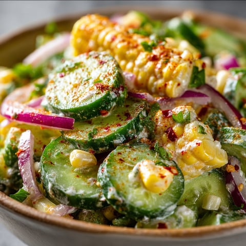 A bowl of salad with corn and cucumbers.
