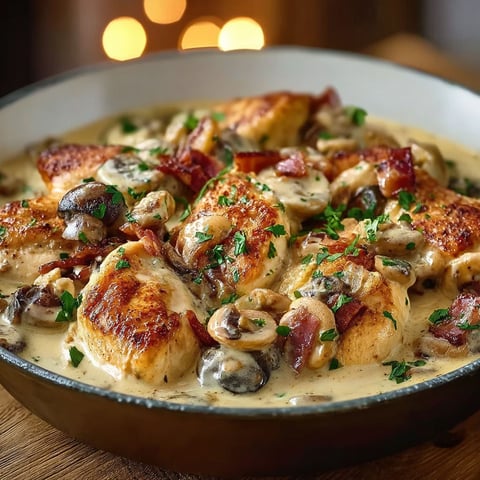 A dish of chicken with mushrooms and bacon.