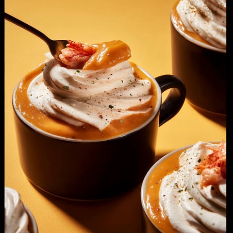 A cup of soup with a spoon in it.