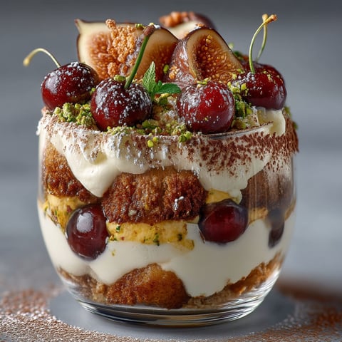 A bowl of Italian dessert with figs and cherries.