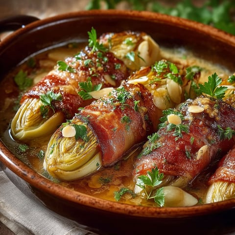 A dish of braised endives with beer and almonds.
