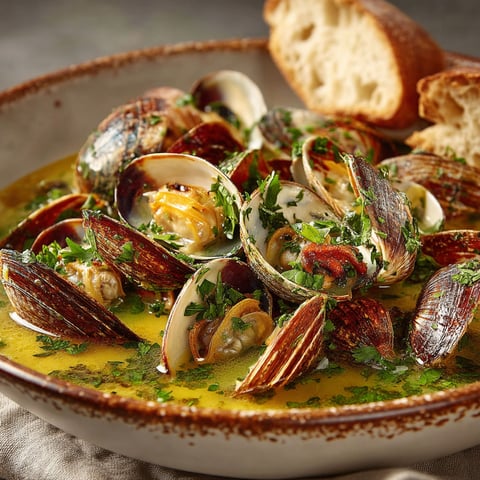A bowl of seafood with a loaf of bread on the side.