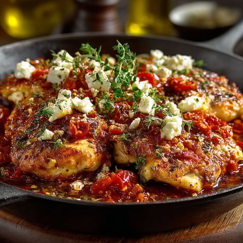 A delicious looking Saganaki dish with chicken and tomatoes.