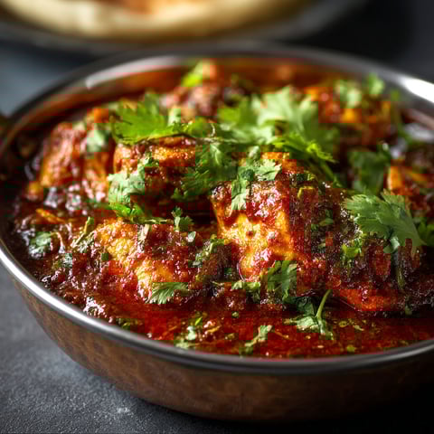 A bowl of chicken bhuna.