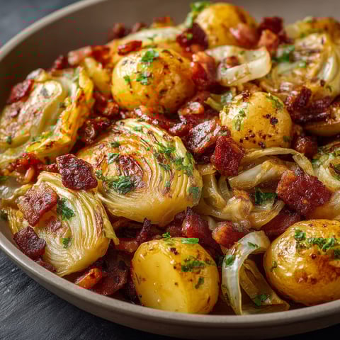 A bowl of food with onions and potatoes.