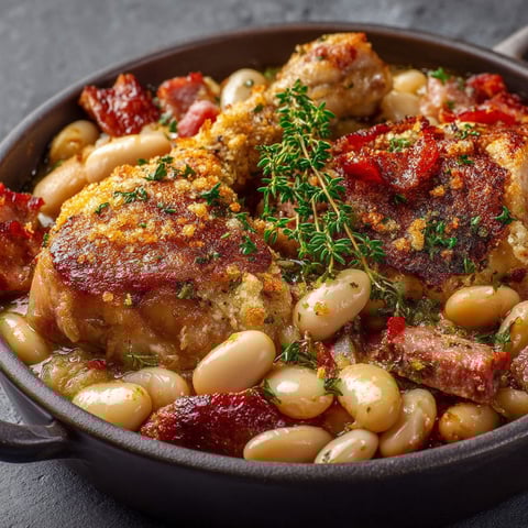 A dish of meat and beans.