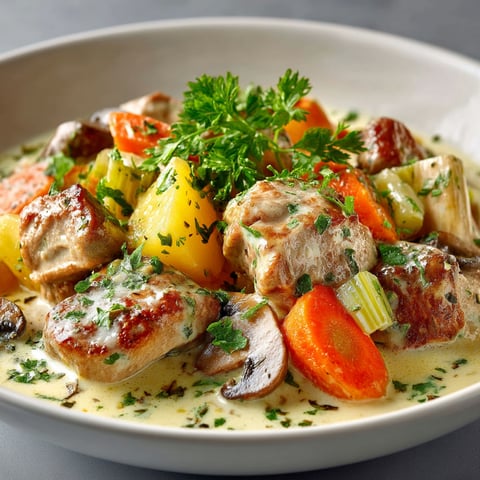 A bowl of food with chicken, carrots, and mushrooms.