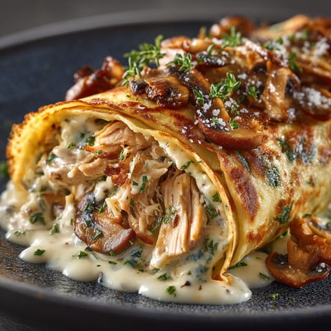 A delicious meal of chicken, mushrooms, and béchamel in a crêpe.