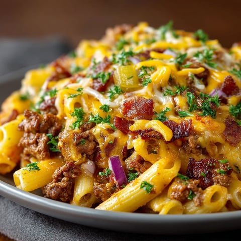 A plate of bacon cheeseburger pasta.