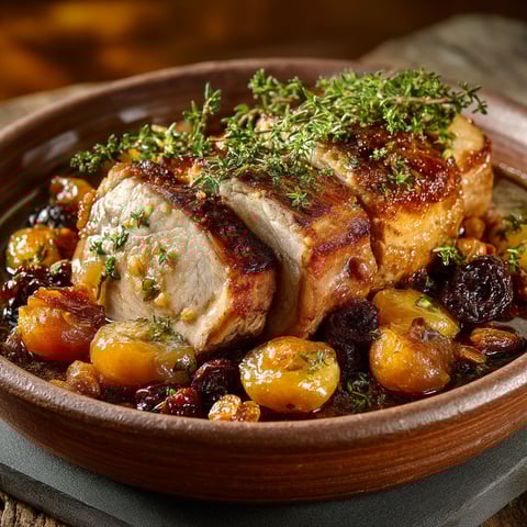 A plate of meat with herbs on top.