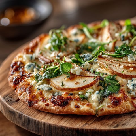 A pizza with blue cheese and spinach on top.