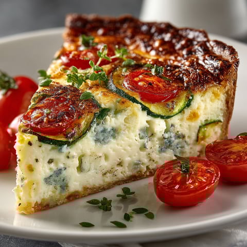 A slice of quiche with tomatoes and Cambozola cheese.