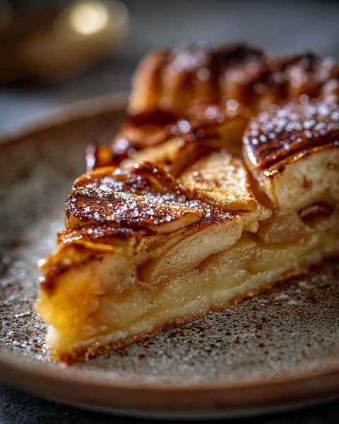 A slice of crustade aux pommes on a plate.