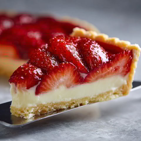 A slice of tarte aux fraises irrésistible avec crème pâtissière crémeuse.