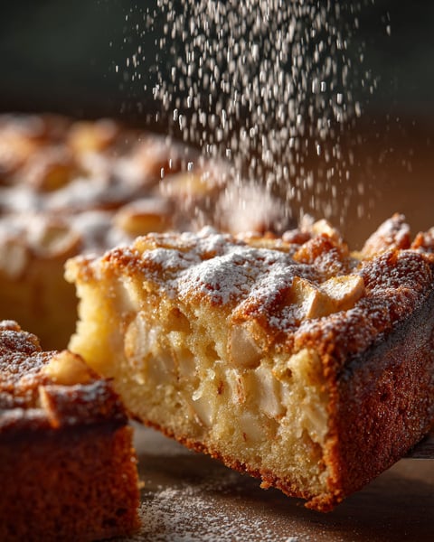 A slice of cake with powdered sugar on top.