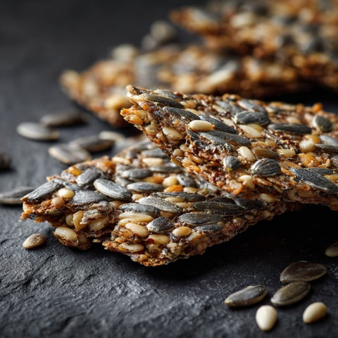 A close up of a homemade cracker with seeds on it.