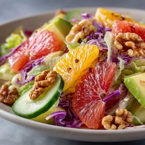 A bowl of salad with oranges, avocado, and walnuts.