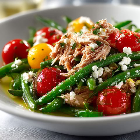 A plate of green beans with meat and cheese.