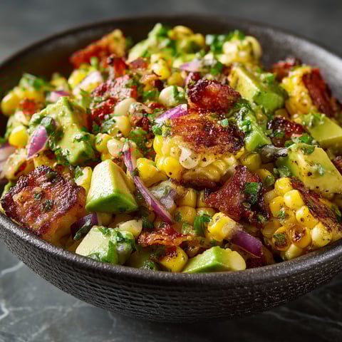 A bowl of salad with corn, avocado, and bacon.