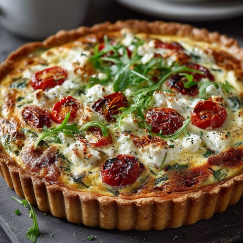 A quiche with tomatoes and cheese.