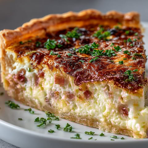 A slice of quiche lorraine au lait.