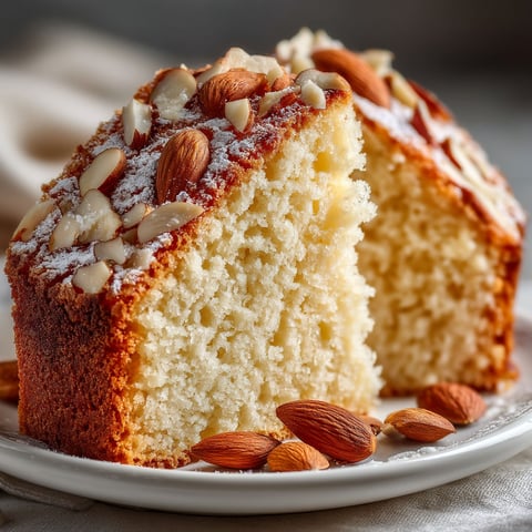 A slice of moelleuse génoise with almonds on top.