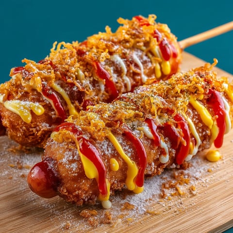 A corn dog with mustard and ketchup on a stick.