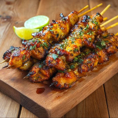 A wooden cutting board with skewers of chicken and lime wedges.