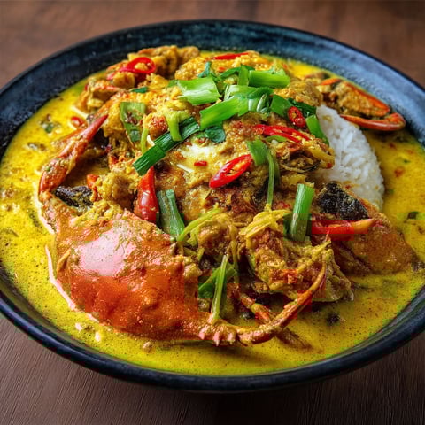 A bowl of Pad Pong Karee with a crab in it.