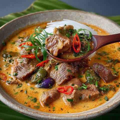 A bowl of curry with a spoon in it.