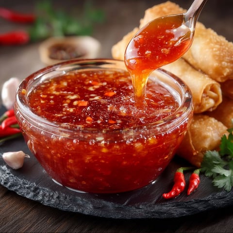 A bowl of sweet chili sauce being poured into a dish.