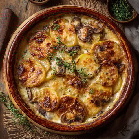 A dish of food with mushrooms and potatoes.