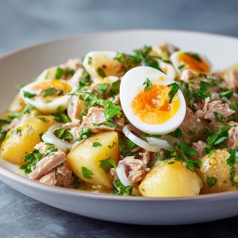A bowl of food with eggs and potatoes.