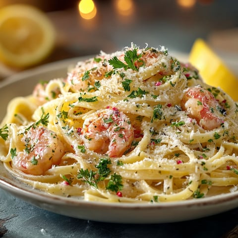 A plate of pasta with shrimp on top.