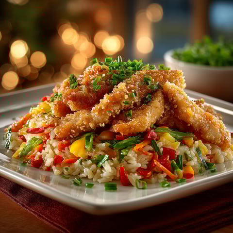 A plate of food with rice and chicken.