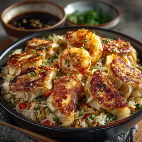 A bowl of food containing rice, shrimp, and vegetables.